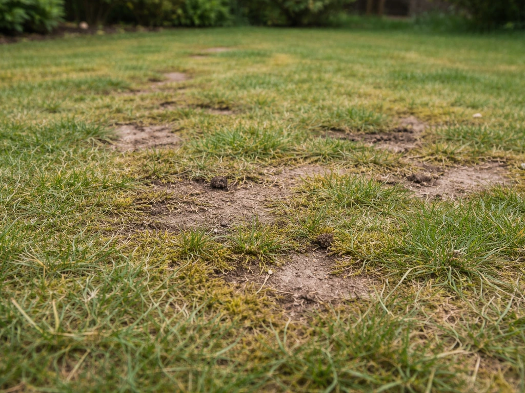 Vue rapprochée d’une pelouse clairsemée avec zones piétinées, trous et sol visible, traces de mousse/feutre.
