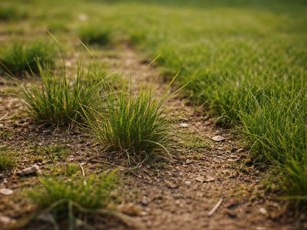Gros plan sur des graminées poussant au sol à côté d’une bordure de pelouse de gazon.