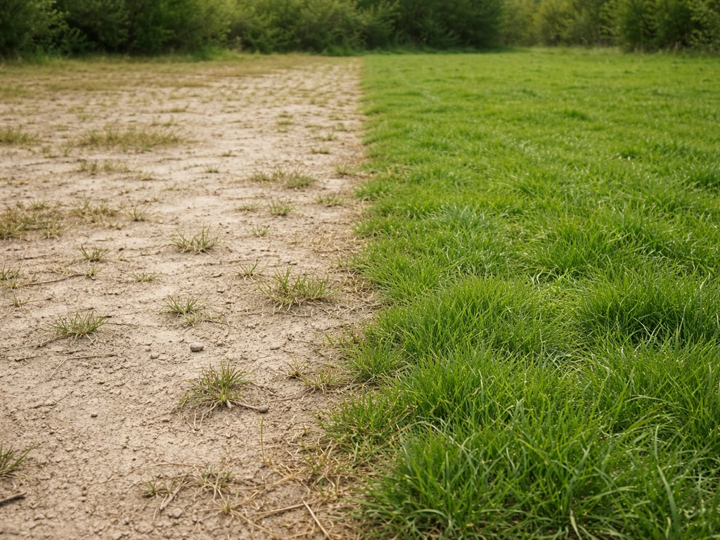 Deux zones de pelouse : sol sableux sec et herbe clairsemée à gauche, zone plus verte et dense à droite.