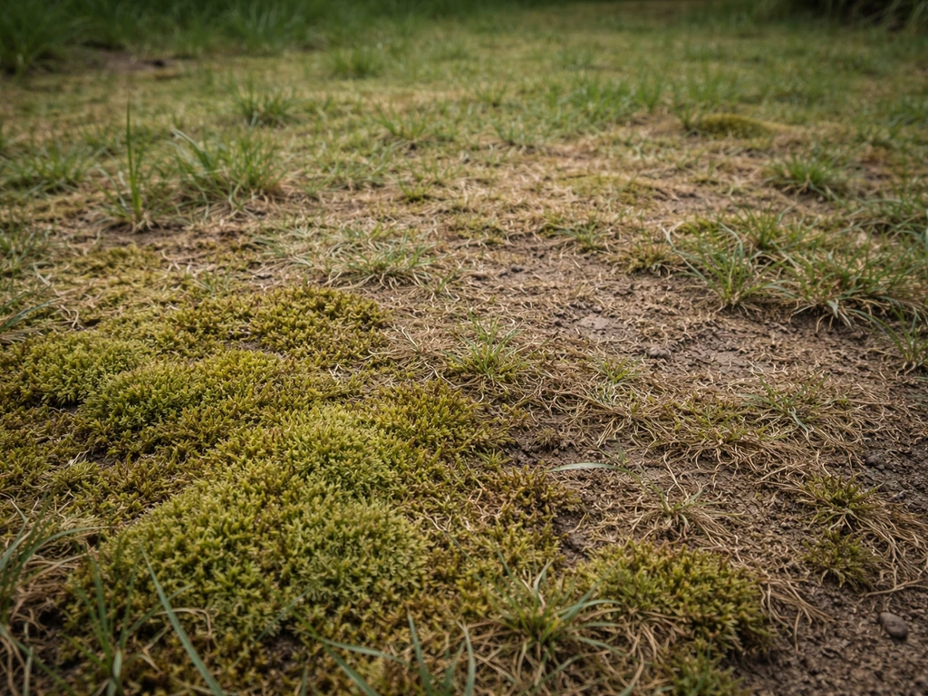 Gazon affaibli avec mousse visible et sol feutré/compacté en arrière-plan, prise de vue minimale.