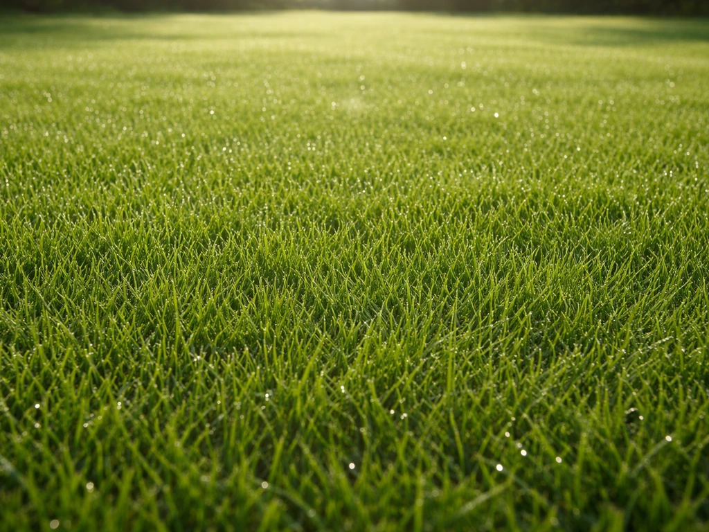 Pelouse dense et verte « gazon magnifique », texture nette avec rosée, lumière naturelle, cadrage régulier.