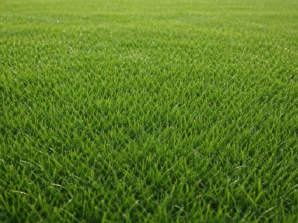 Gros plan sur un gazon dense, vert homogène et brins réguliers, sans zones nues.