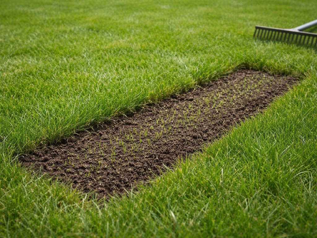 Jardin : scarification et aération d’une pelouse sur une bande précise, avec regarnissage visible.