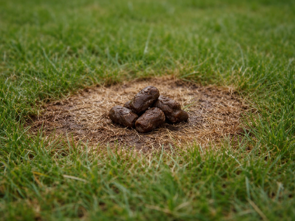 Crottes de chien ou chat sur un gazon, zones brunes autour, mise en évidence de l’effet au contact sans personne.