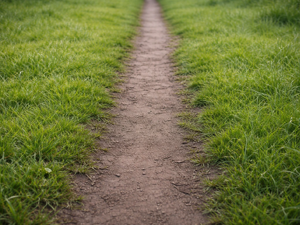 Sentier dans un jardin : herbe éclaircie et sol compacté en bandes après un piétinement répété.