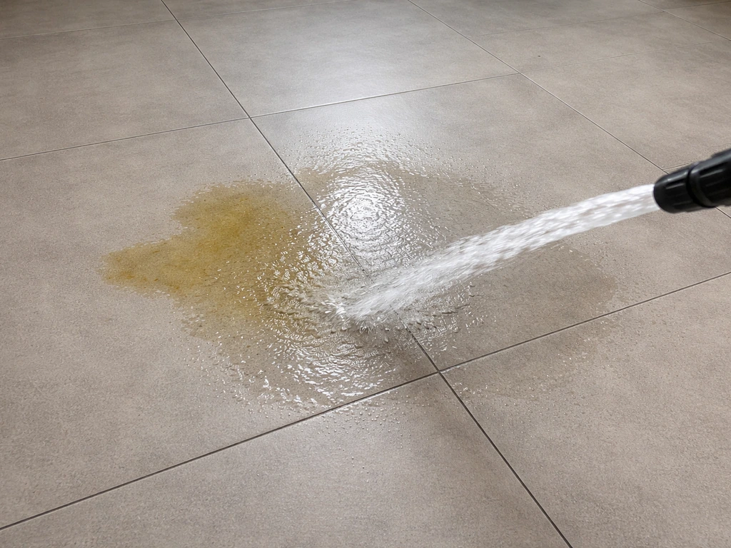 Avant/après suggéré : arrosage profond immédiat sur une tache d’urine sur sol, jet d’eau visible.