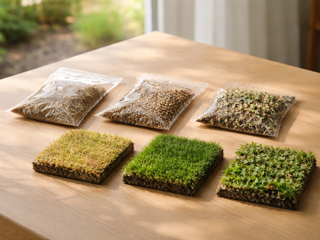 Sachets de semences de gazon et échantillons de pelouse sur une table près d’un jardin, lumière naturelle.