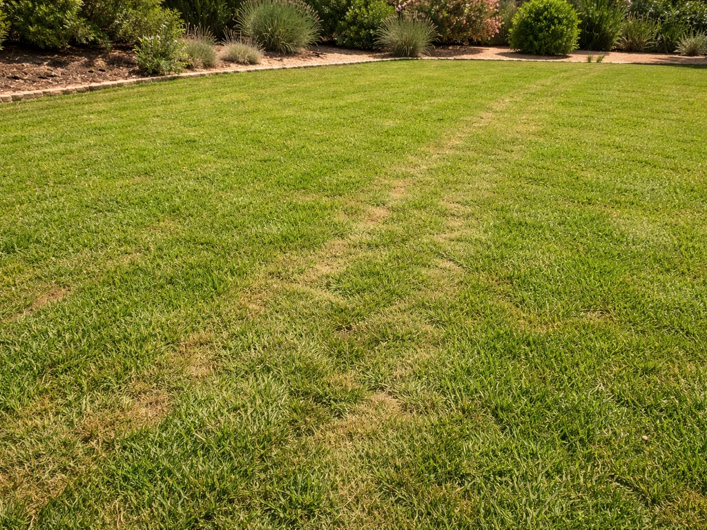 Gazon de Bermudes résilient dans un jardin très piétiné, soleil du Sud et traces de passage visibles.