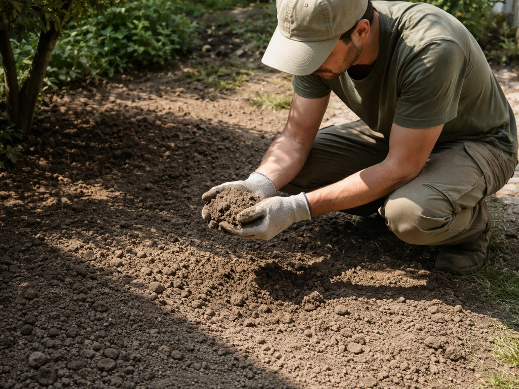 Jardinier anonyme comparant la terre et des zones ensoleillées/ombragées pour choisir un gazon