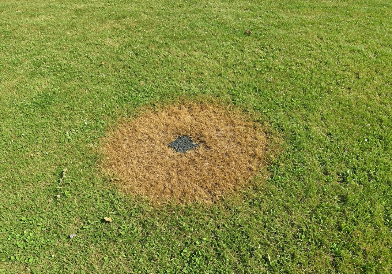 Gros plan de pelouse jaunie par l’urine de chien avec une zone “spot” bien visible