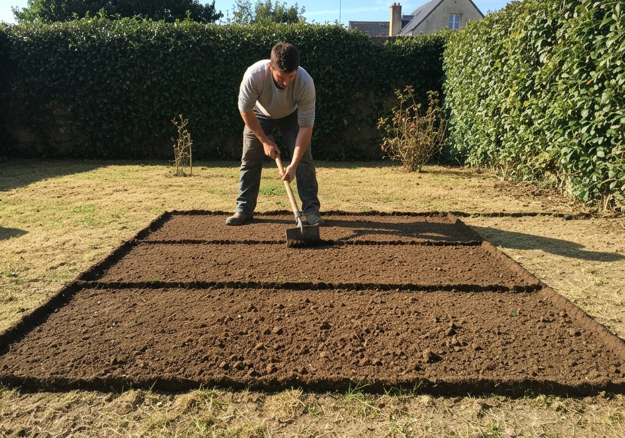 Main avec gants tenant une griffe de jardin, sol bêché et nivelé pour préparer la pelouse