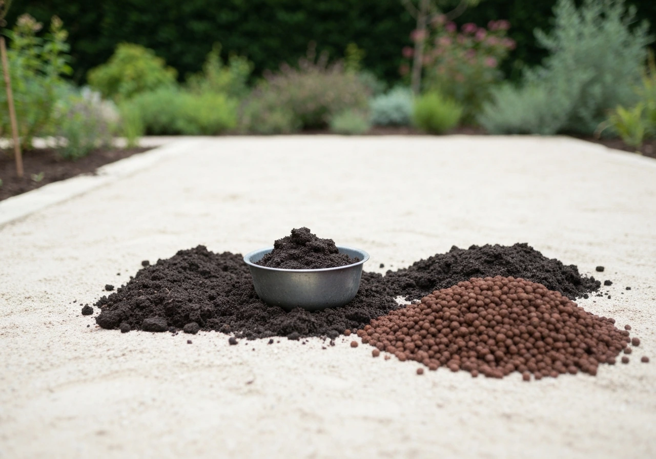 Sol sableux clair amendé avec compost mature et terre de bruyère pour retenir l’eau.