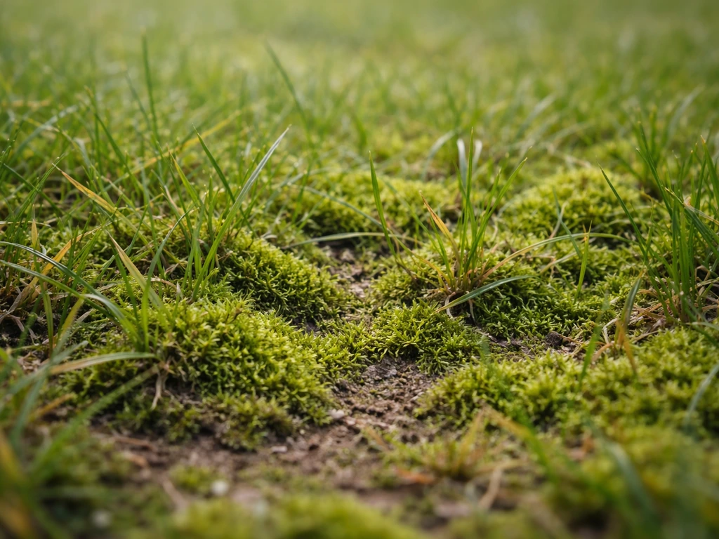Gros plan d’une pelouse où la mousse forme un feutrage entre les brins de graminées