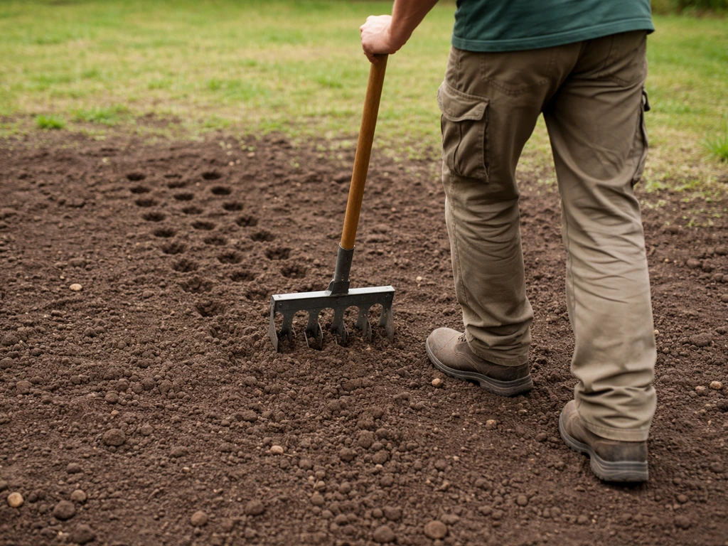 Jardinier anonyme utilisant un aérateur à lames creuses sur un sol compact, trous nets visibles.