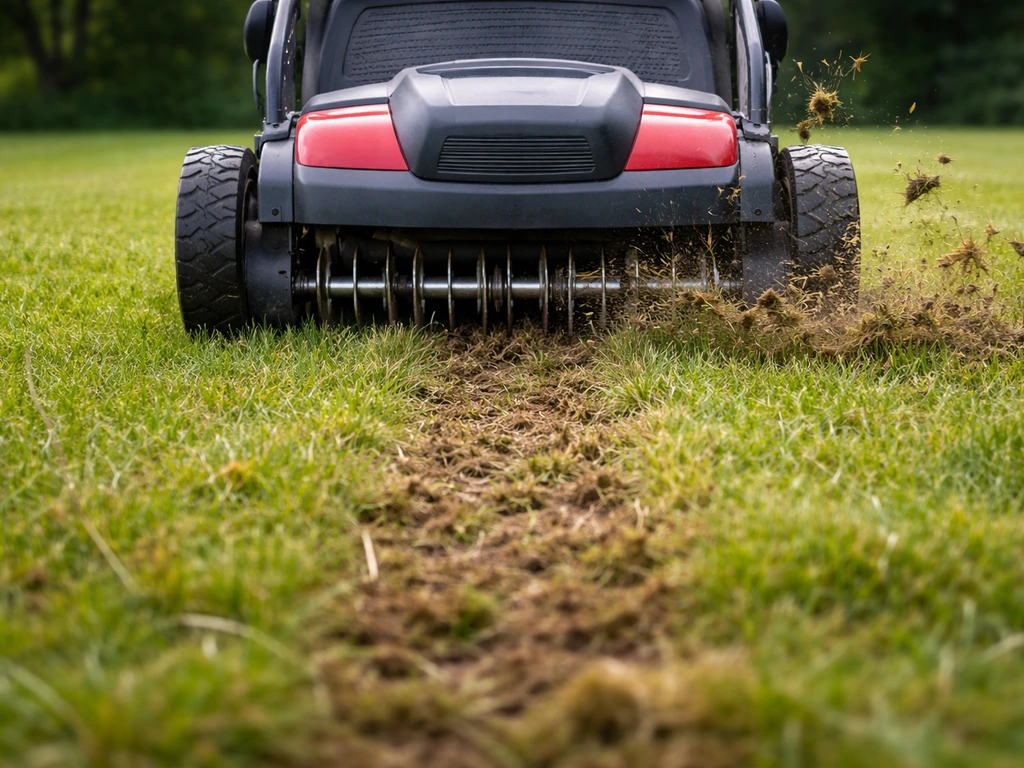 Scarificateur à lames en action sur la pelouse, lames qui soulevent des stolons et aèrent le sol.