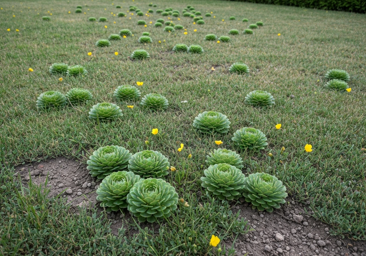 Pelouse grand angle envahie de pissenlits, rosettes et quelques fleurs visibles, herbe clairsemée.