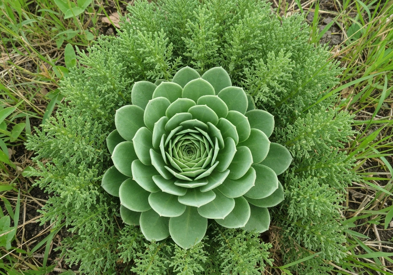 Rosette de pissenlit à feuilles plates au ras du sol dans une pelouse verte, sans tige florale.