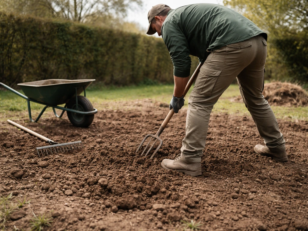 Jardinier et outils au premier plan, sol argileux nu ameubli et débarrassé avant le semis