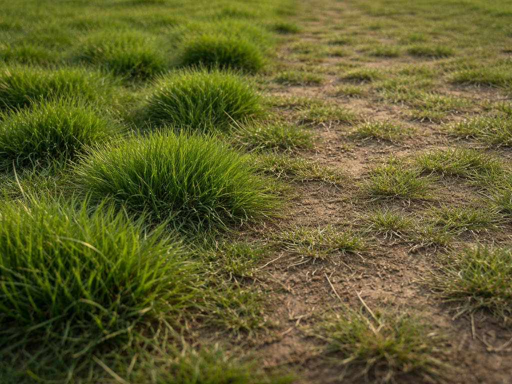 Pelouse montrant des touffes vertes denses et des zones clairsemées, contraste de densité du gazon.