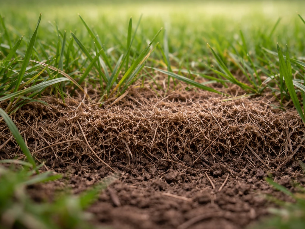 Gros plan sur une couche de feutre marron spongieuse entre les brins d’herbe, juste au-dessus du sol.