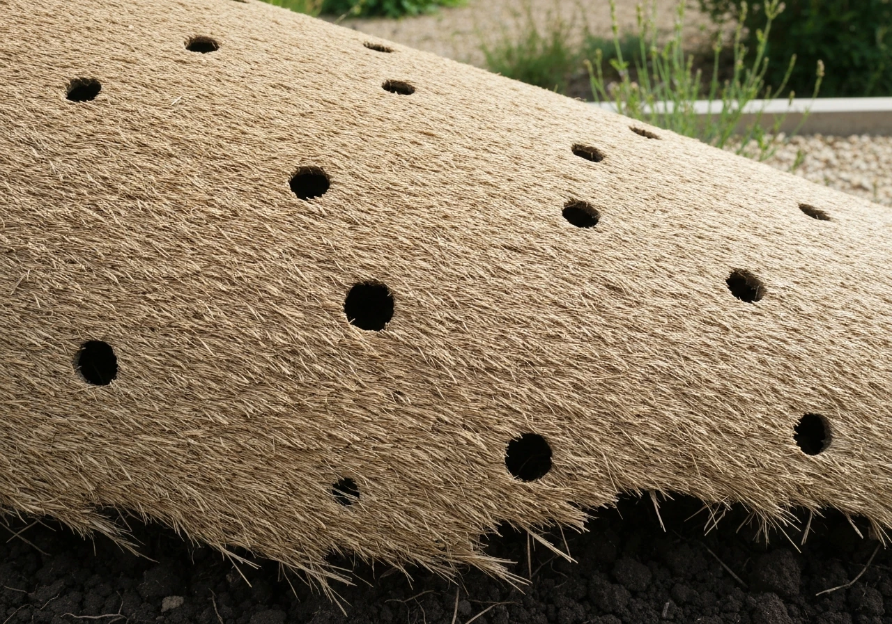 Pelouse de jardin avec plusieurs petits trous ronds nets causés par des mulots, vue au ras du sol.