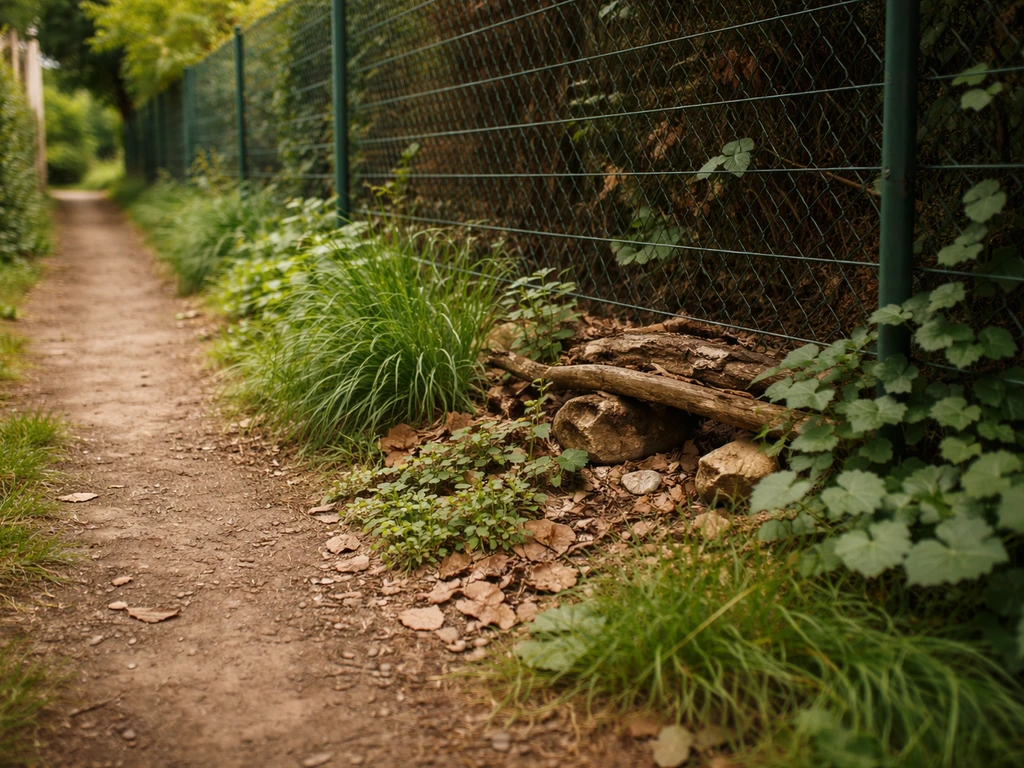 Bordure herbeuse le long d’une clôture, avec des cachettes naturelles pour illustrer la présence d’un mulot.