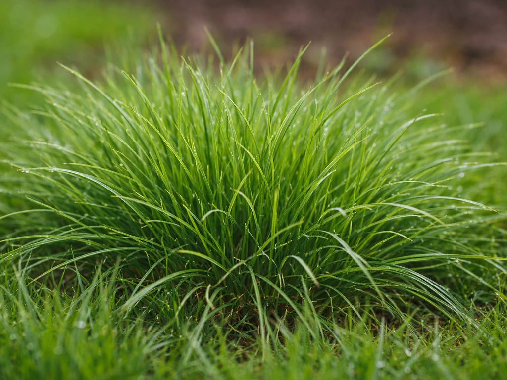 Gros plan de brins de fétuque élevée dans une pelouse dense, texture résistante et naturelle.