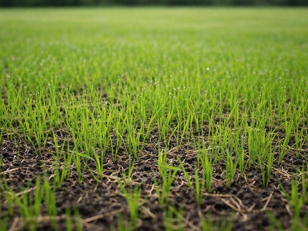 Jeunes brins de ray-grass sortant après sursemis, pelouse dense et verdoyante, rosée légère.