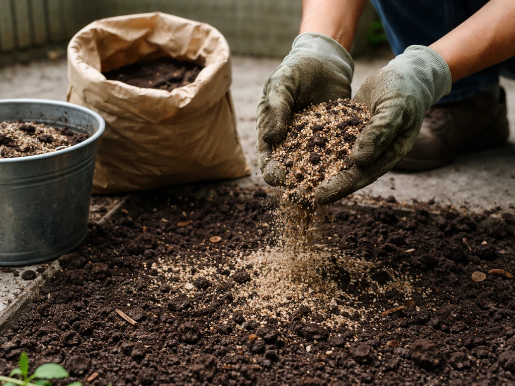 Mains gantées répandant sable grossier et compost mûr sur un petit carré de terre pour améliorer le sol.