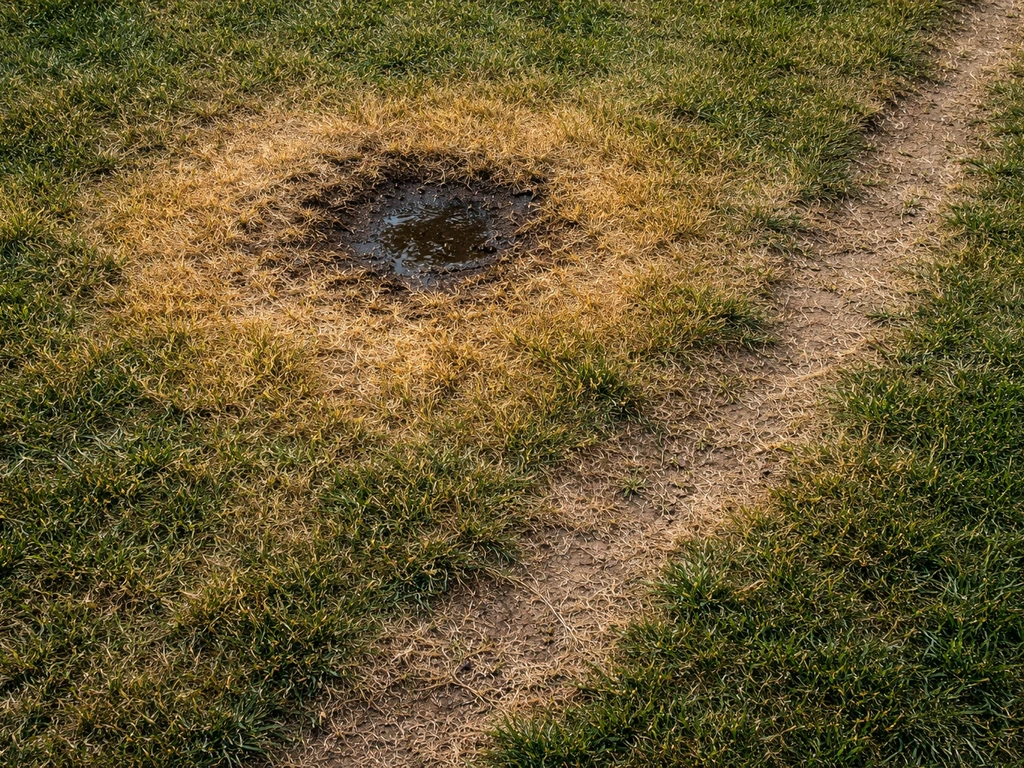 Vue de dessus d’un jardin : taches jaunies près d’une flaque, et zones plus dénudées par piétinement