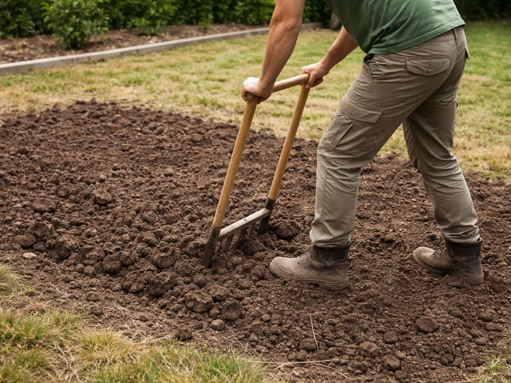 Jardinier au travail avec une grelinette sur une terre ameublie, préparation d’une future pelouse