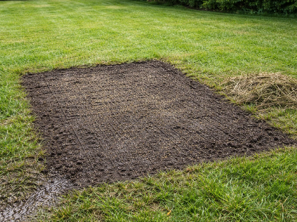 Jardin après sur-semis localisé : sol ratissé, graines à peine visibles et arrosage récent