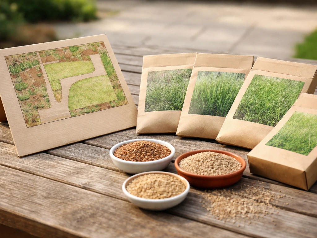 Sachets de graines de graminées près d’un petit plan de sol, pour illustrer le choix du gazon.