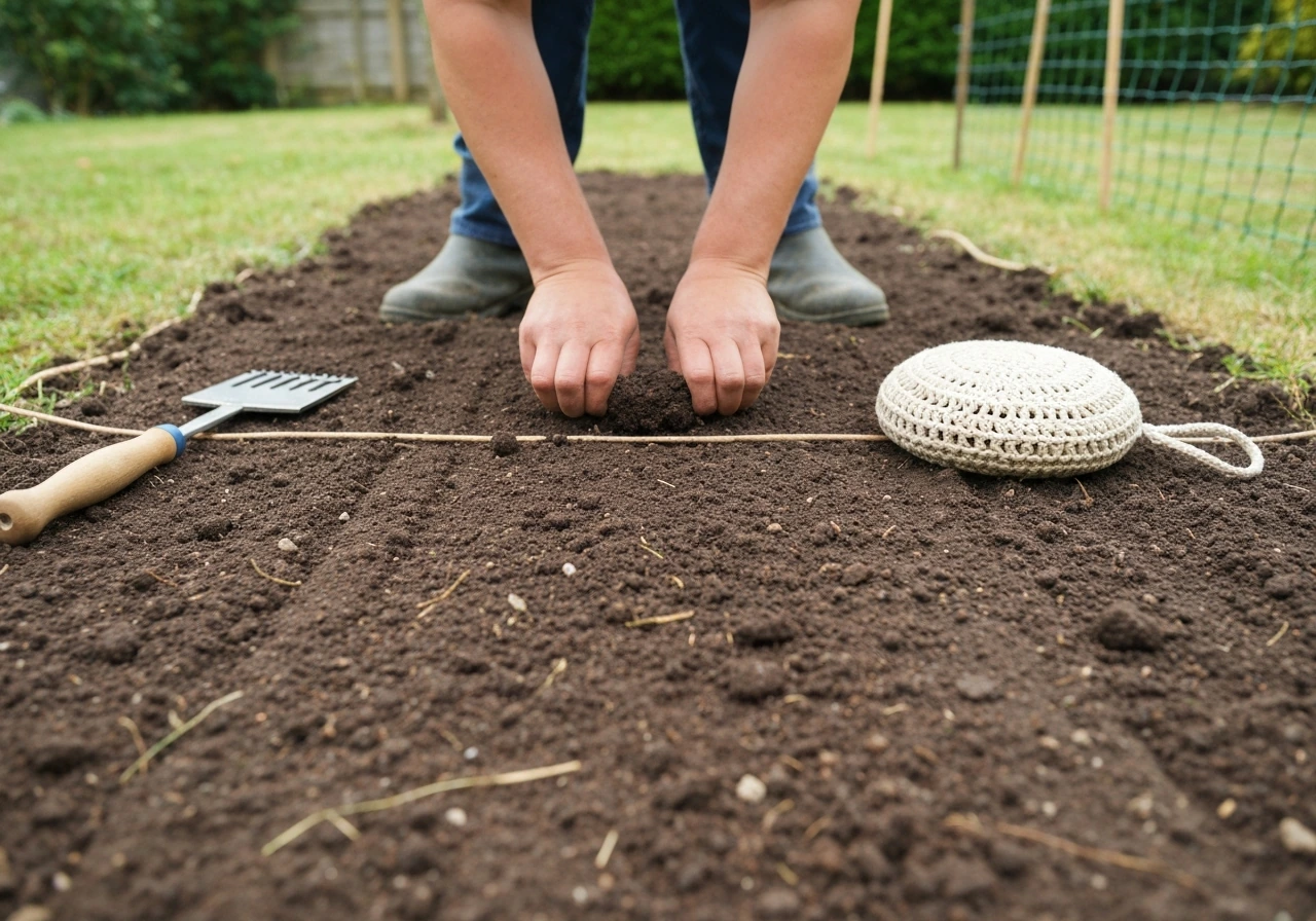 Jardin : désherbage et ratissage d’une terre finement émiettée avant semis, outils visibles sur le sol