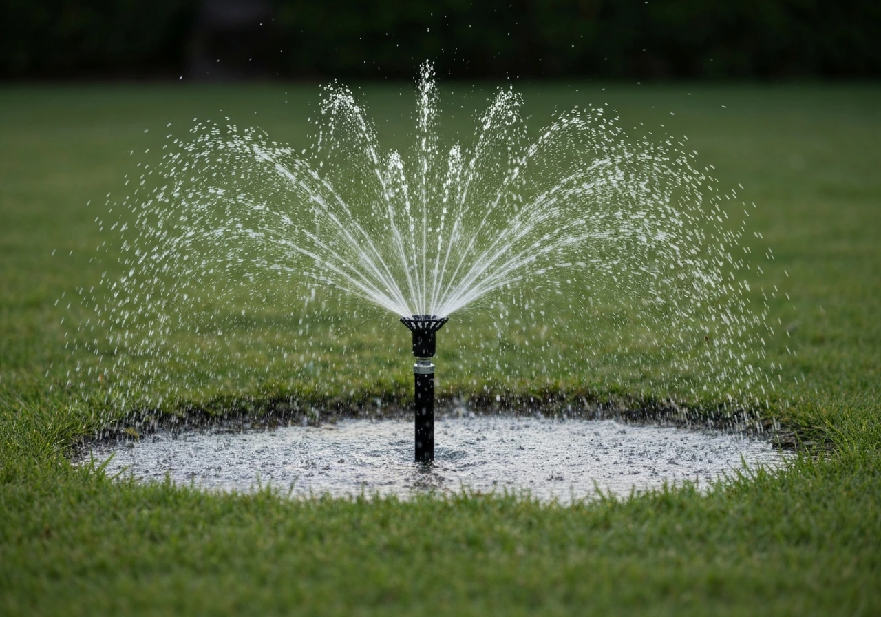 Arrosage en cours : asperseur sur pelouse, sol humide visible et brins de gazon bien répartis.