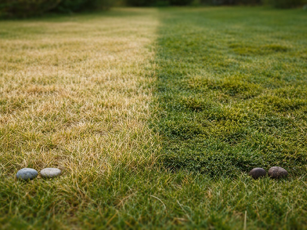 Pelouse avec deux zones côte à côte : jaunissement uniforme à gauche et mousse/feutre à droite, repères au sol.