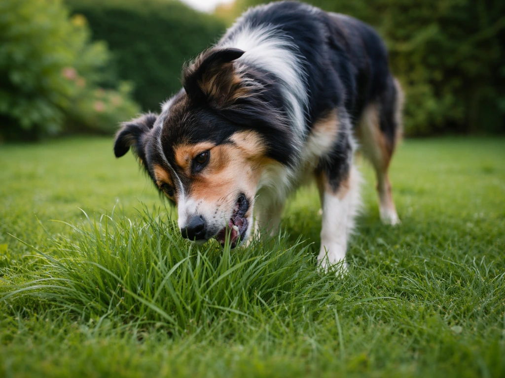 Chien qui broute de l’herbe verte dans un jardin calme, ambiance naturelle et apaisée.