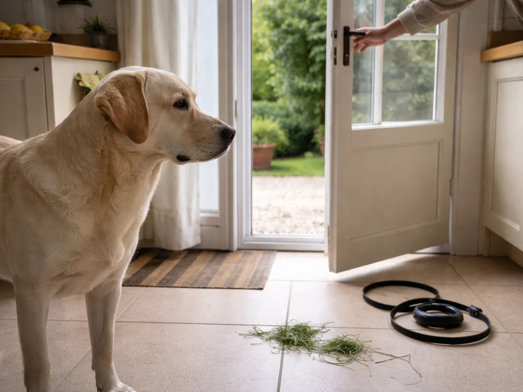 Chien éloigné du gazon, porte fermée et quelques brins d’herbe au sol, inspection visuelle de la quantité.