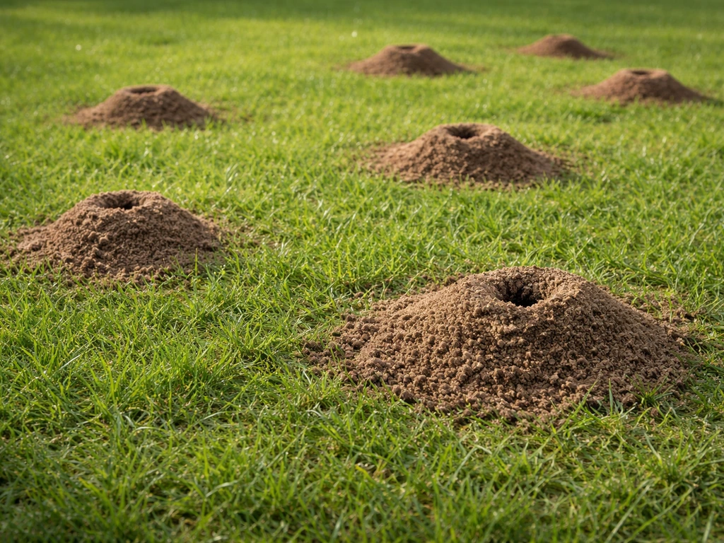 Gazon avec plusieurs petits monticules de terre dus aux fourmilières, gazon intact autour, lumière naturelle.