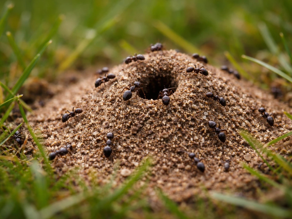 Fourmis noires des jardins près d’un petit monticule de terre sur un brin de gazon, vue macro
