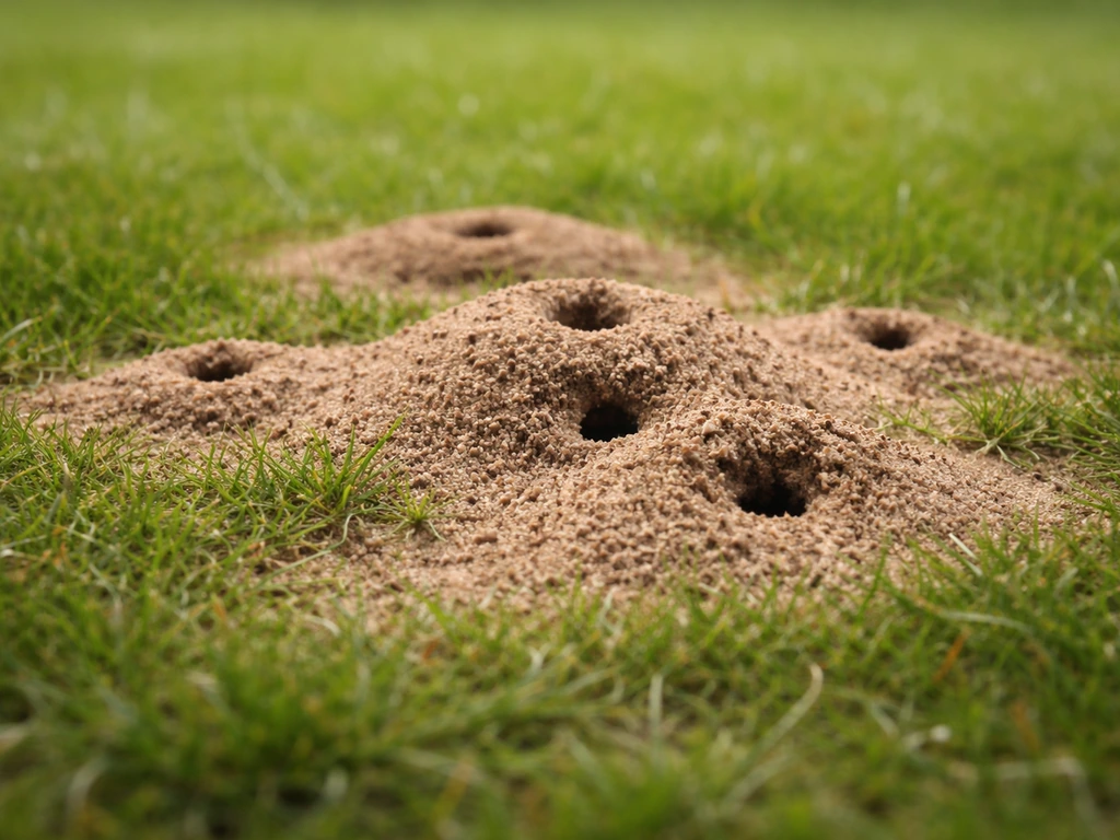 Fourmilière dans la pelouse, avec petits monticules de terre visibles entre les brins d’herbe.