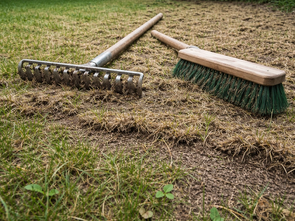 Gazon scarifié avec feutre et mottes soulevées, outil de jardin au sol, prêt pour regarnissage