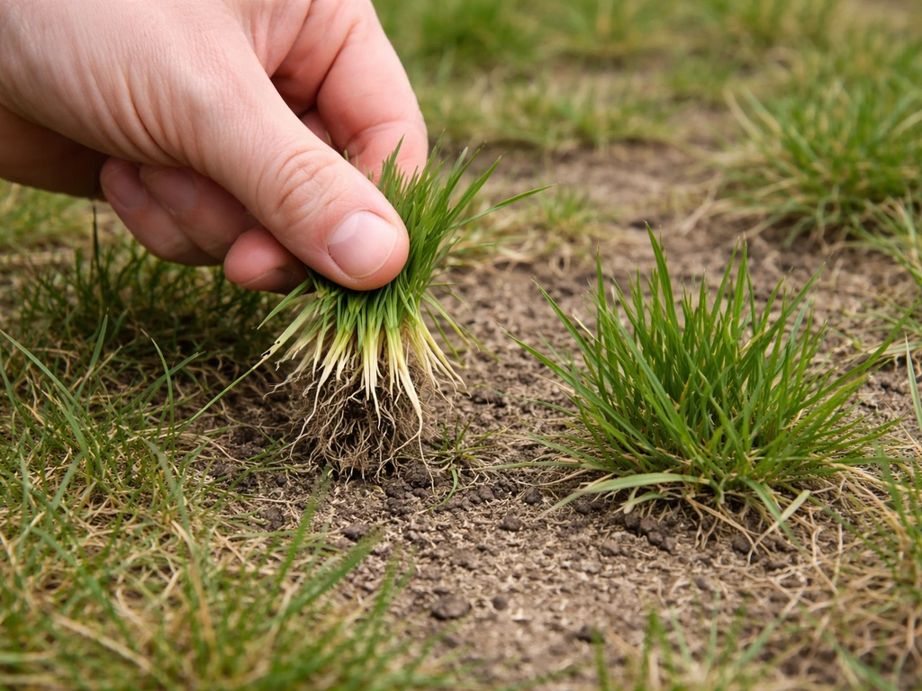 Poignée de brins de gazon tirés doucement : certaines touffes se détachent, d’autres restent enracinées.