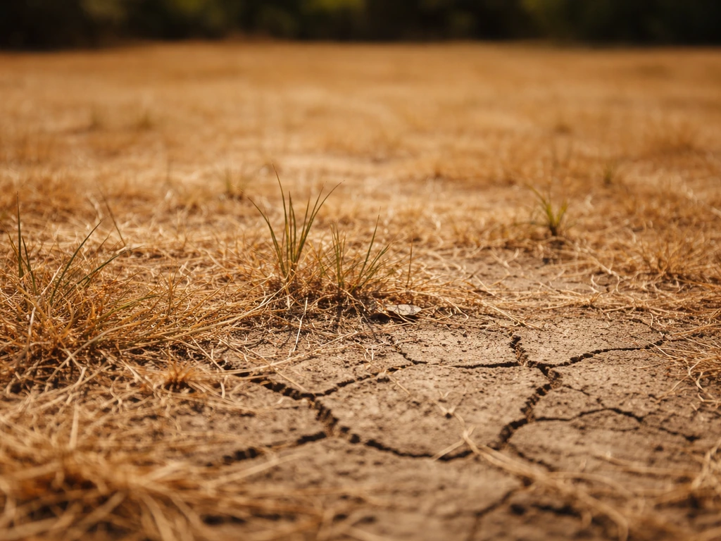 Pelouse jaunie et craquelée en plein été, brins d’herbe secs au premier plan, chaleur et stress hydrique.