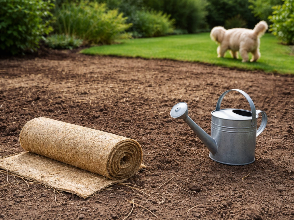 Un petit chien s’éloigne d’une zone de semis de gazon, avec graines et arrosoir dans un jardin.