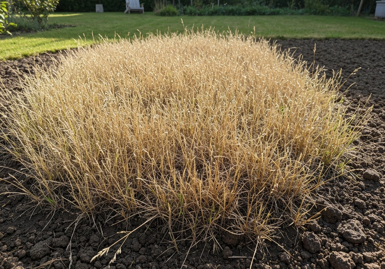 Gros plan d’une zone de pelouse jaunie et brûlée, herbe éclaircie avec quelques brins verts autour.