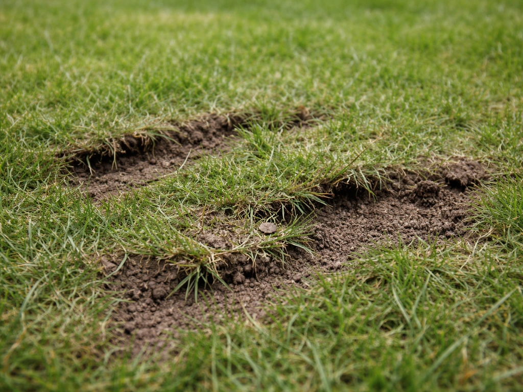 Gazon griffé et arraché : petites zones creusées avec terre visible et brins d’herbe soulevés.