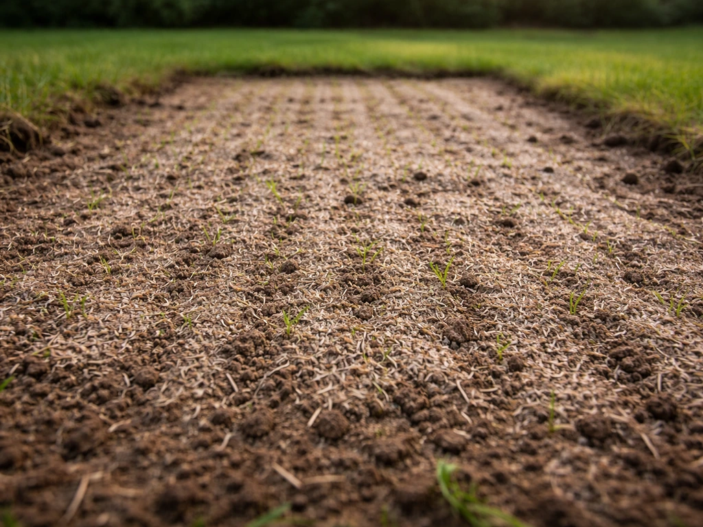 Jeunes pousses de gazon visibles sur une pelouse fraîchement sursemée, graines recouvertes et sillons d’accroche.