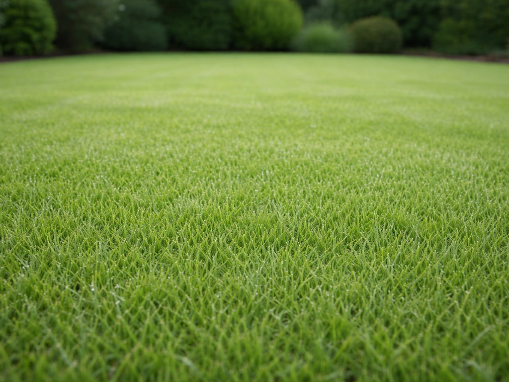 Gazon fraîchement installé, vert fin et homogène, brins délicats avec un léger effet de rosée.