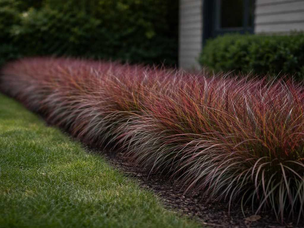 Fétuques rouges denses en bordure, sous une ombre légère près d’une façade et d’une haie.